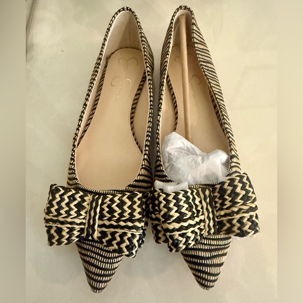 New Jessica Simpson Whirzle Bow Accent Ballet Flats Size 8 Blk Raffia Bow